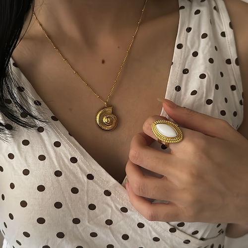 Anello da donna ovale in acciaio inossidabile placcato oro 18K vintage con agata geometrica