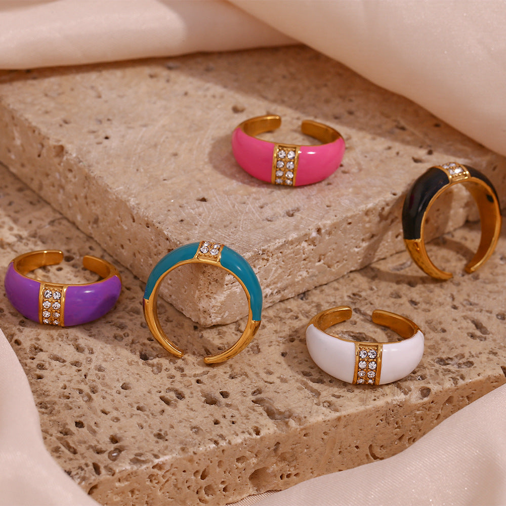 Minimalist Geometric Stainless Steel Ring with 18K Gold Plating and Enamel Finish for Women