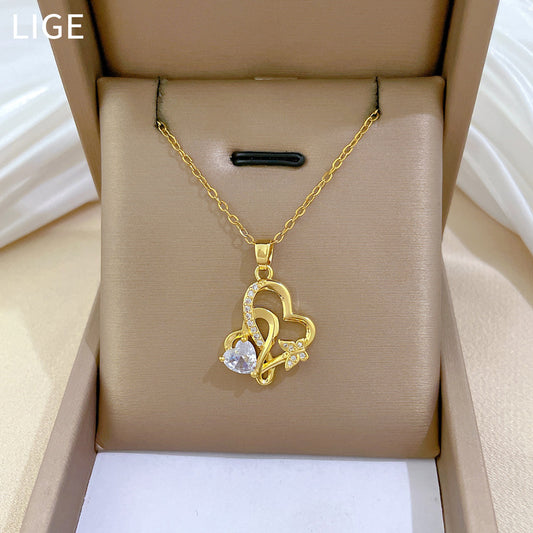 Collar con colgante de lazo de corazón dulce y fresco para mujer, cadena de medallón minimalista de acero inoxidable con incrustaciones de diamantes de imitación