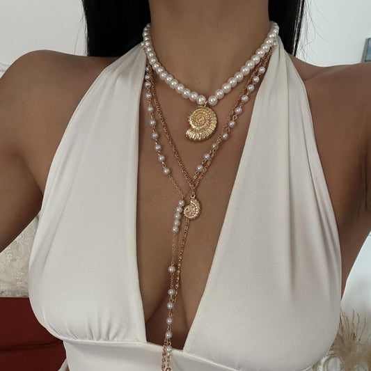 Hip-hop Casual Colorful Crystal Plated Alloy Conch Pearl Pendant Necklace Set for Women