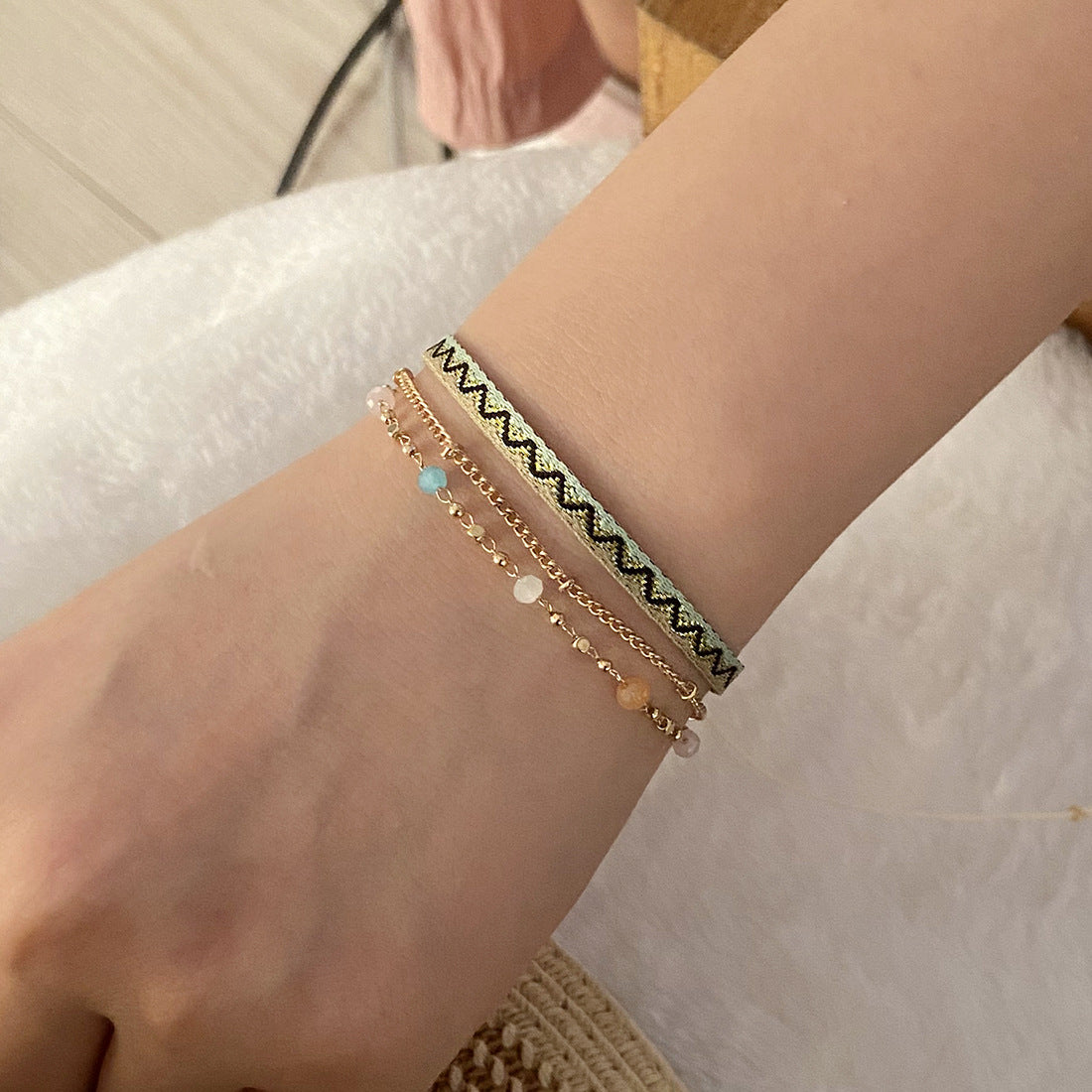 Bohemian Crystal Bracelet with Satin Ribbon Accents for Women, Electroplated Finish, White Crystal Embellished Fashion Accessory