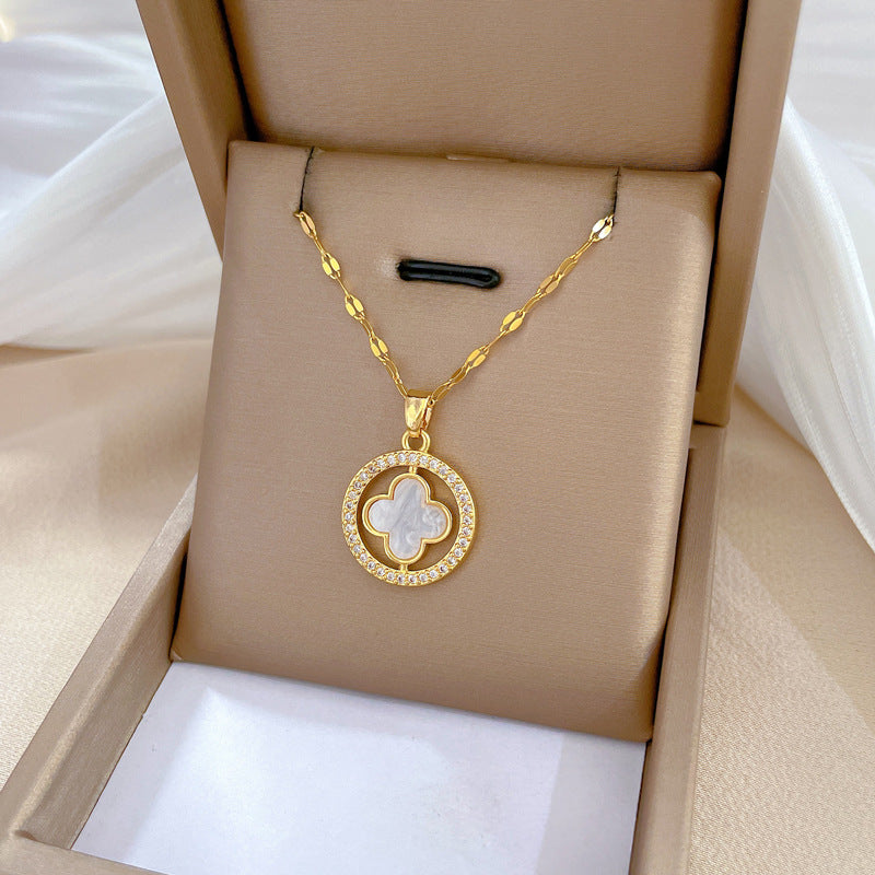 Minimalist Geometric Titanium Steel Clavicle Chain with Rhinestone Inlay and Copper Pendant