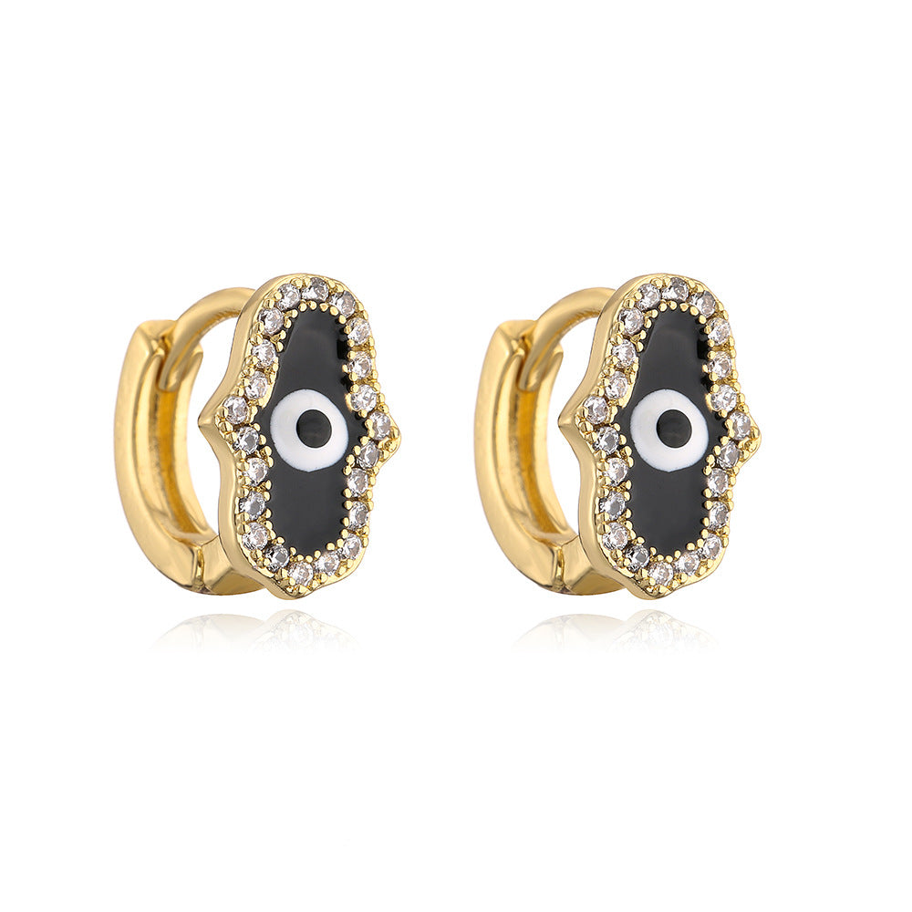Minimalist Geometric Hand Eye Pendant Mini Earrings for Women with Copper Base Plated in 18K Gold and Enamel-Finished Zirconia Accents