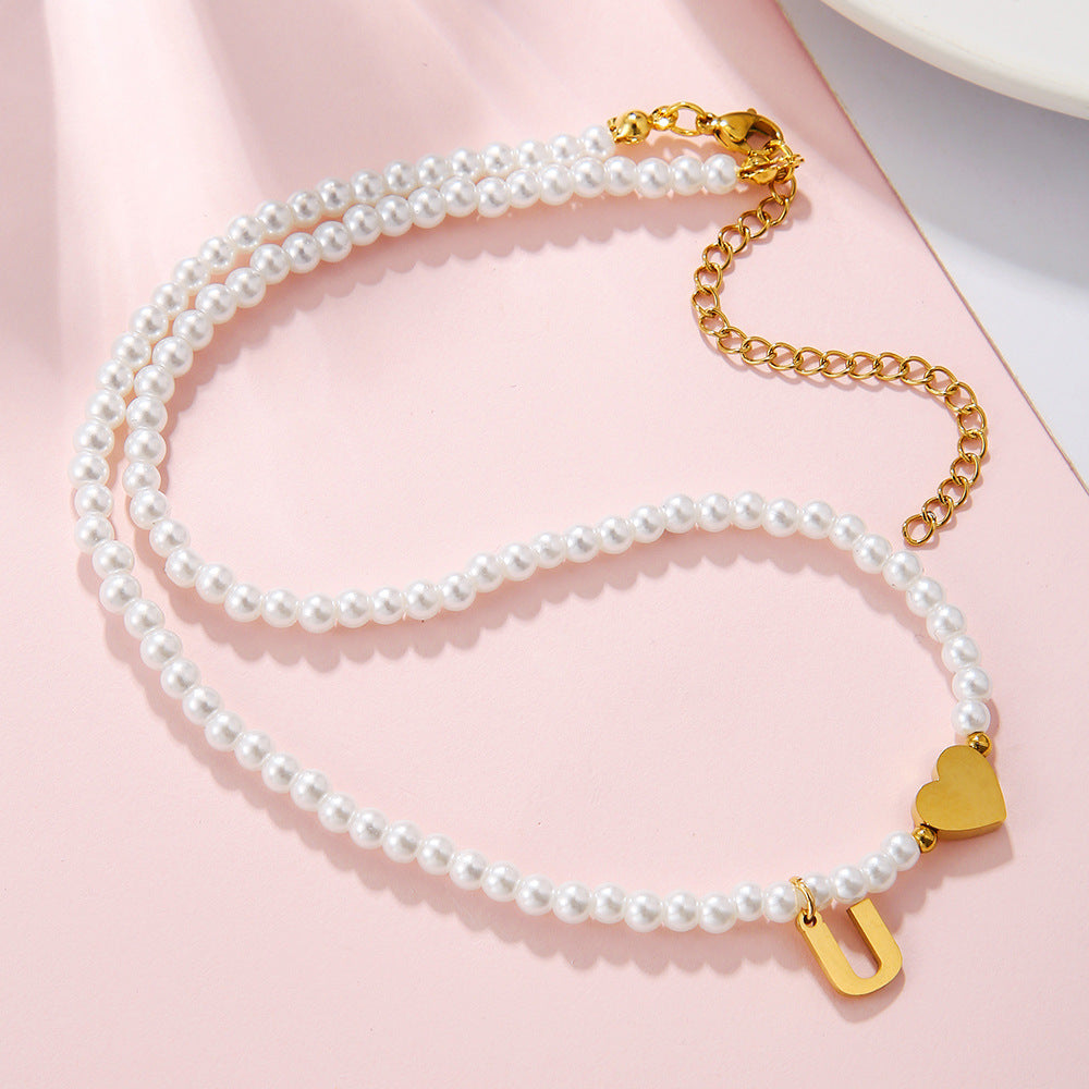Minimalist Letter Heart Stainless Steel Pearl Necklace Women Cable Chain