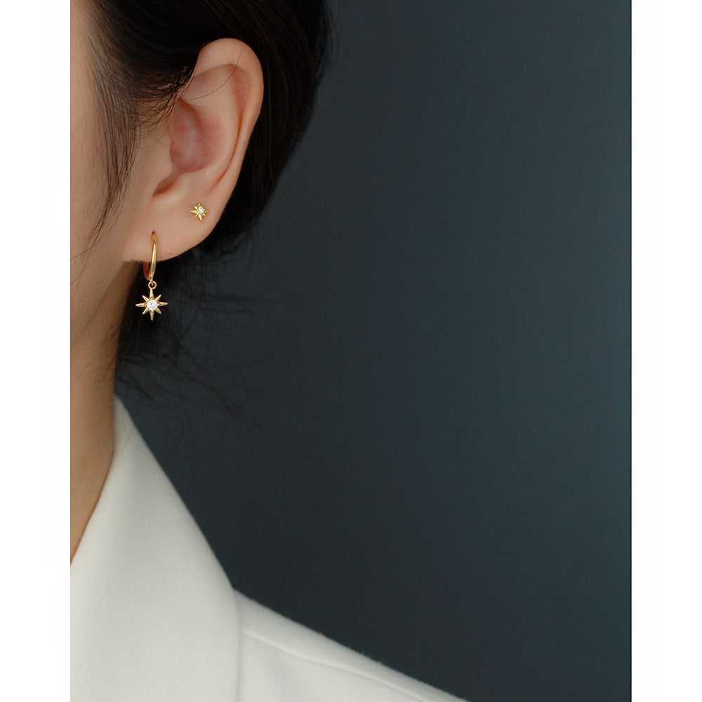 Sweet Streetwear 925 Sterling Silver Geometric Star Inlay Diamond Hoop Earrings