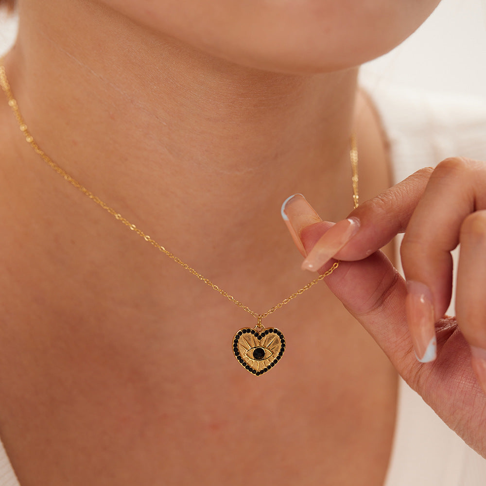 INS Style Heart Shaped Stainless Steel Pendant Necklace with 18K Gold Plating and Zircon Inlay for Women
