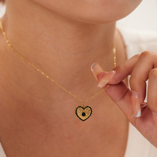 INS Style Heart Shaped Stainless Steel Pendant Necklace with 18K Gold Plating and Zircon Inlay for Women