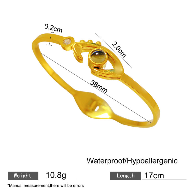Rose Gold Plated Titanium Steel Evil Eye Projection Bracelet with 100 Languages I Love You Message Open Cuff