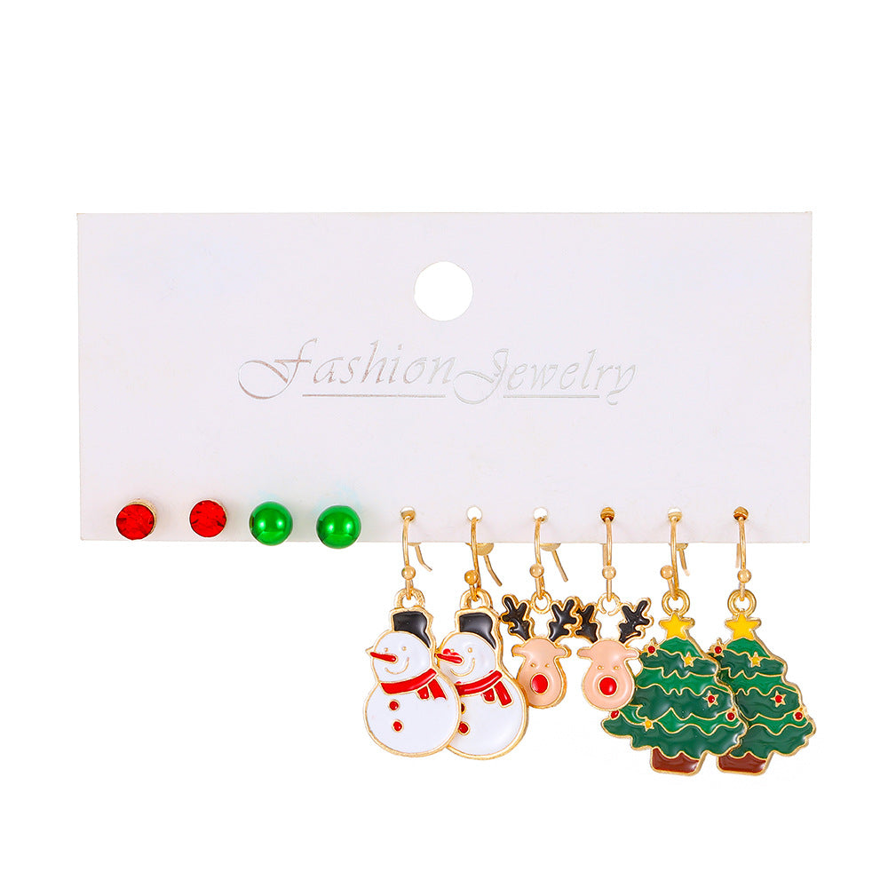 Juego de pendientes de aleación con temática navideña para mujer con dijes esmaltados de ciervo y Papá Noel, diseño geométrico, acabado chapado