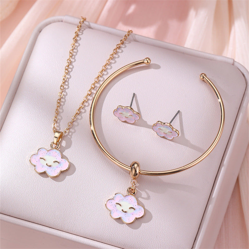Juego de collar minimalista de aleación con forma de lazo con acabado esmaltado para niños, pulsera con colgante de nube y pendientes de tuerca