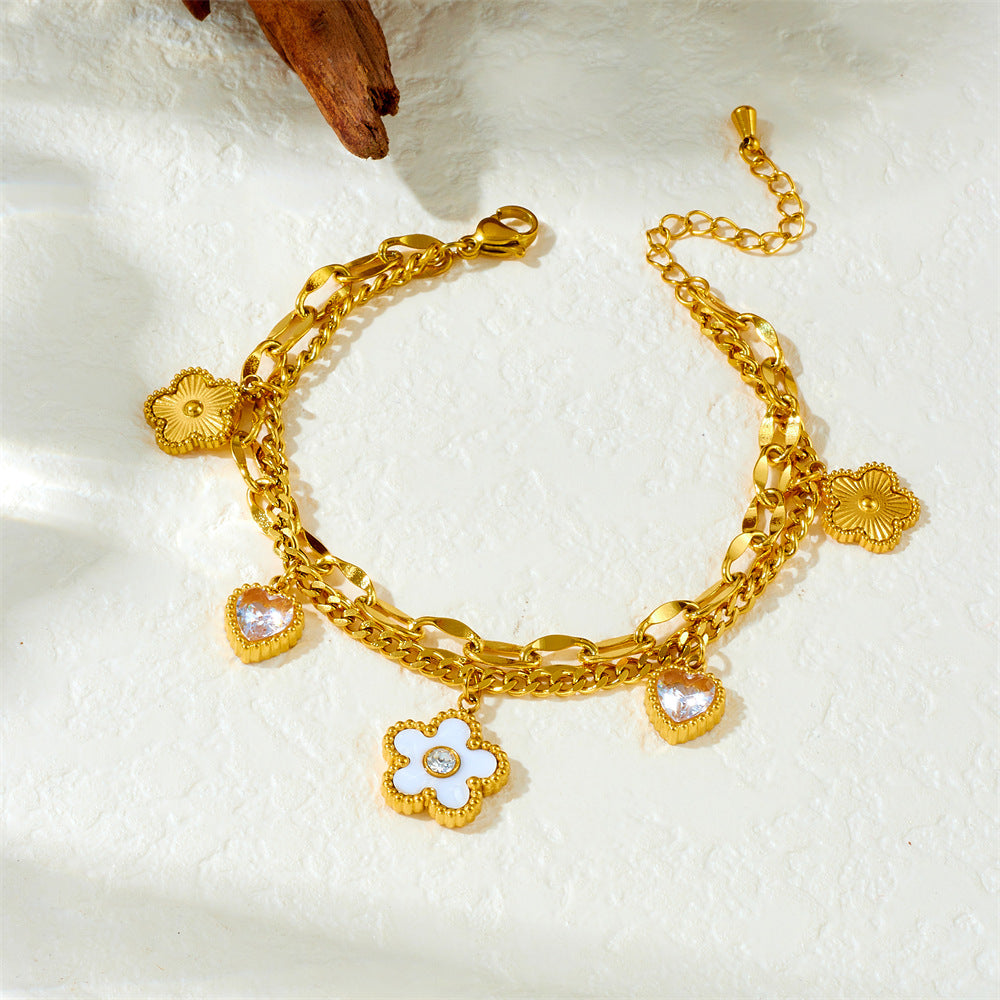 Minimalist Elegant Heart Floral Rhinestone White Pearl Plated Stainless Steel Double Layer Cable Chain Bracelet for Women