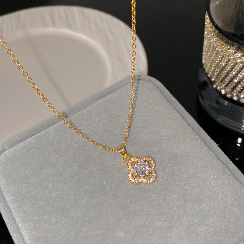 Sweet Minimalist Hollow Four-Leaf Clover Cubic Zirconia Plated Titanium Steel Necklace for Women