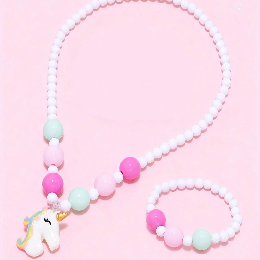 Set Collana Pendente Unicorno Cartone Animato per Bambine con Ciondolo in Resina e Catena di Perline Stile Principessa