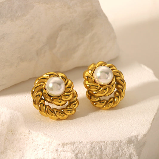 Orecchini da donna di lusso placcati oro 18 carati in acciaio inossidabile con corda ritorta, perle e forme geometriche