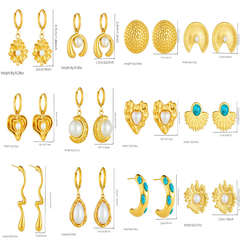 Vintage Gold Plated Heart Teardrop Stainless Steel Necklace and Earring Set with Turquoise and Pearl on Snake Chain for Women