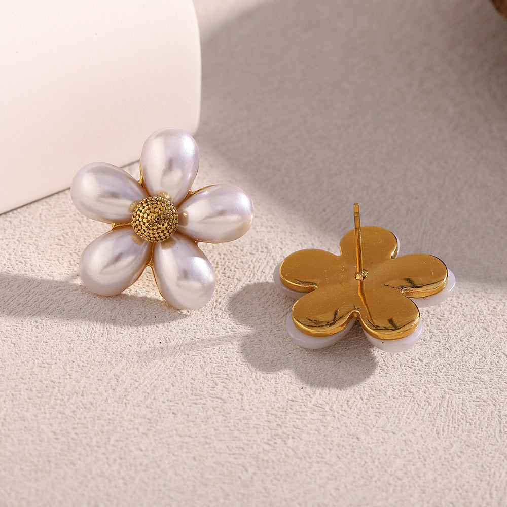Elegant Floral Stainless Steel Earrings with 18K Gold Plating and Simulated Pearl Accents for Women