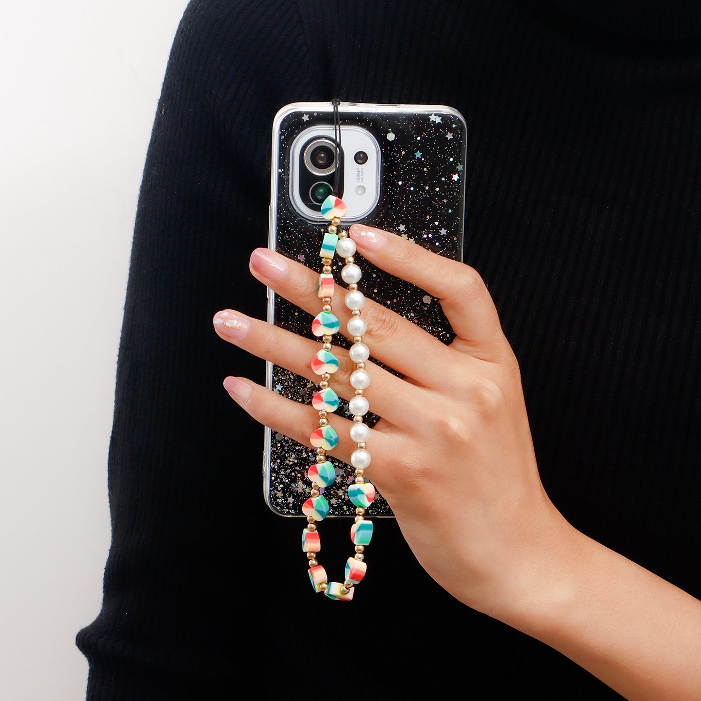 Sweet Minimalist Colorful Heart Alloy Plated Imitation Pearl Woven Phone Chain