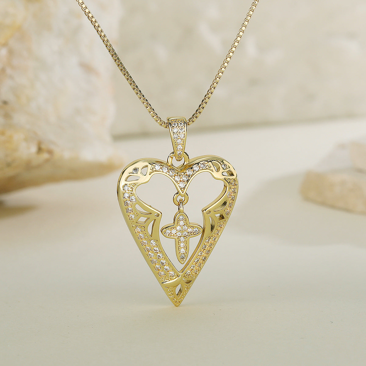 Minimalist 18K Gold Plated Brass Cross Heart Pendant Necklace with Cubic Zirconia for Women