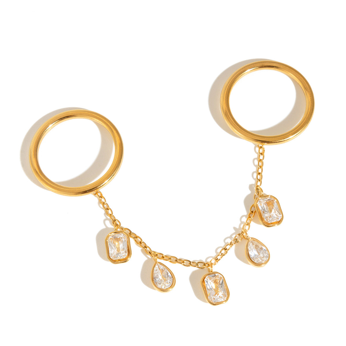 Elegant Geometric Stainless Steel Ring with Cubic Zirconia and Tassel Detail PVD Gold Plated