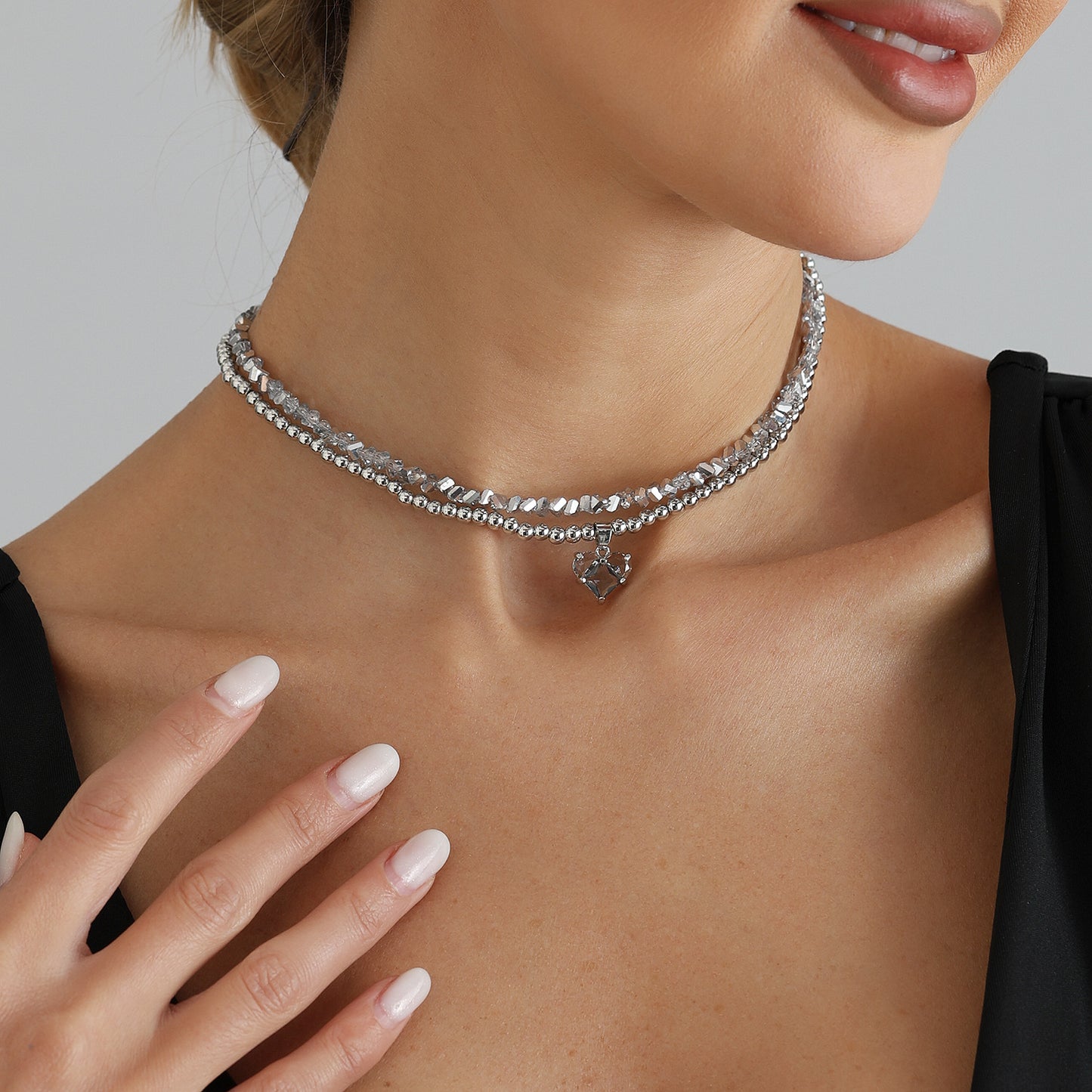 Casual Irregular Crushed Ice Beaded Heart Geometric Alloy Plated Double Layer Necklace for Women