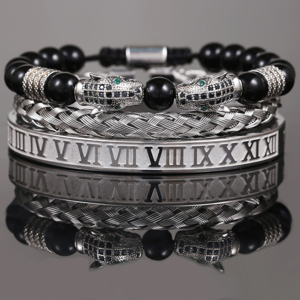 Personalized Double Leopard Head Black Agate Micro-set Cubic Zirconia Brass Stainless Steel Bracelet Set