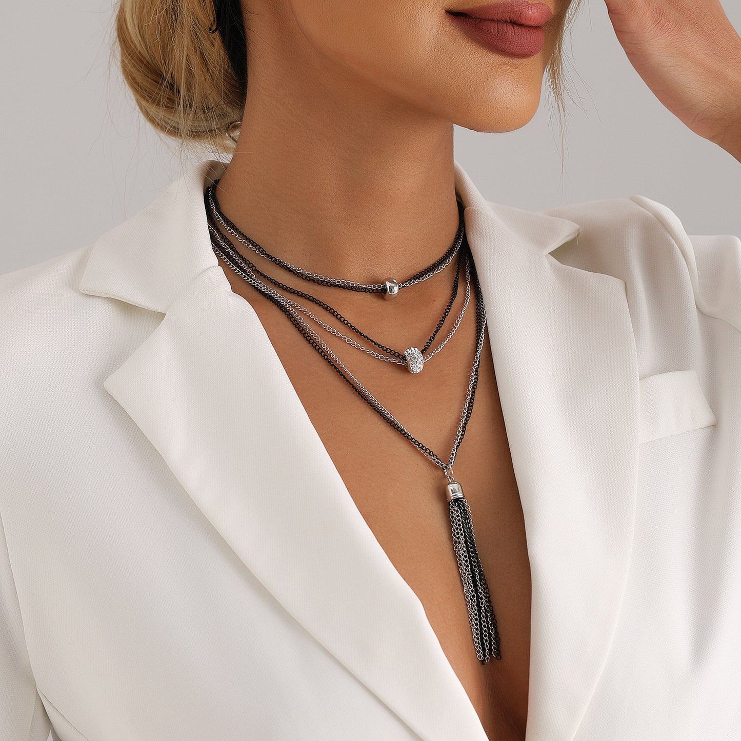 Vintage Minimalist Long Layered Tassel Pendant Necklace for Women with Plated Metal Chain and Crystal Accents