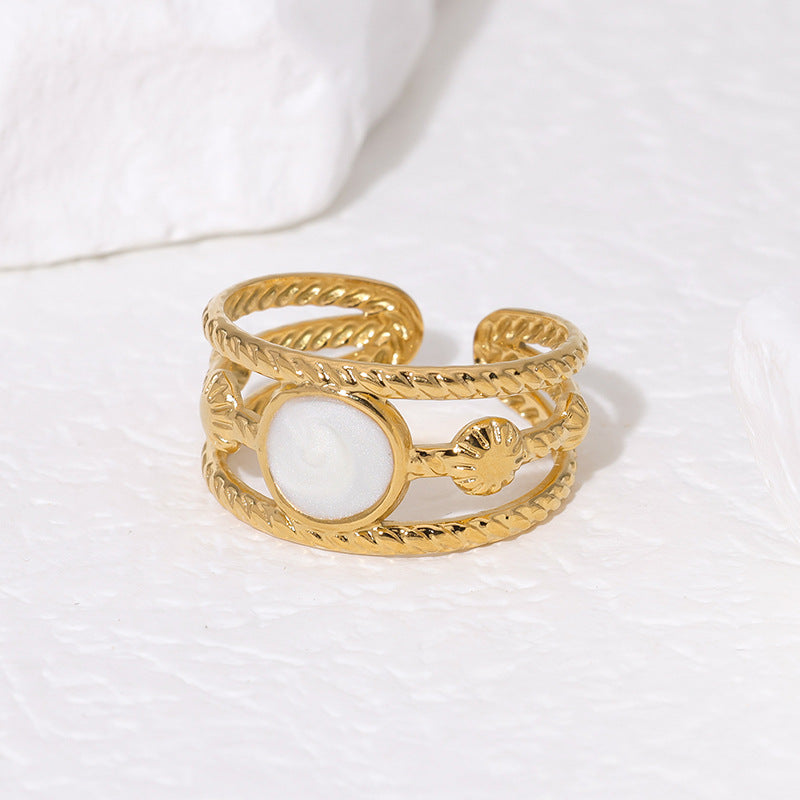 Vintage French-Style Titanium Steel Open Ring with Geometric Shape and Enamel Finish 18K Gold Plated Minimalist Women's Fashion Ring