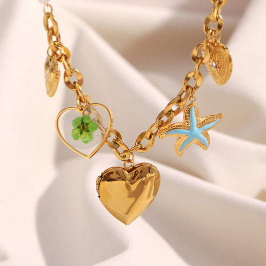 Minimalist Luxury Heart Geometric Stainless Steel 18K Gold Plated Pearl Locket Charm Bar Necklace for Women
