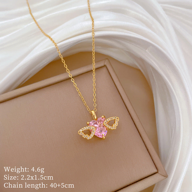 Elegant Hollow Heart Wing Pendant Necklace for Women Stainless Steel Delicate Clavicle Chain with Rhinestone Accents