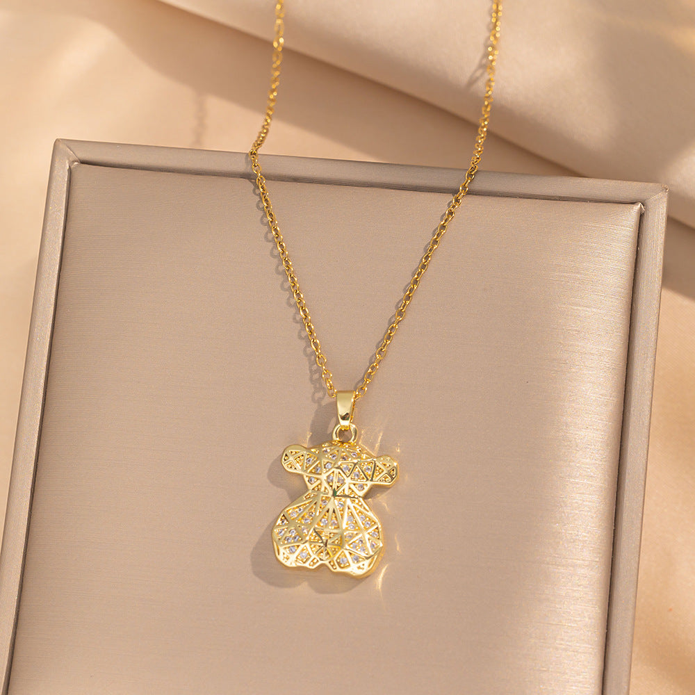 Set collana con ciondolo orsetto minimalista di lusso con finitura in rame placcato oro 18 carati su base in acciaio al titanio, catena a serpente ipoallergenica per donna