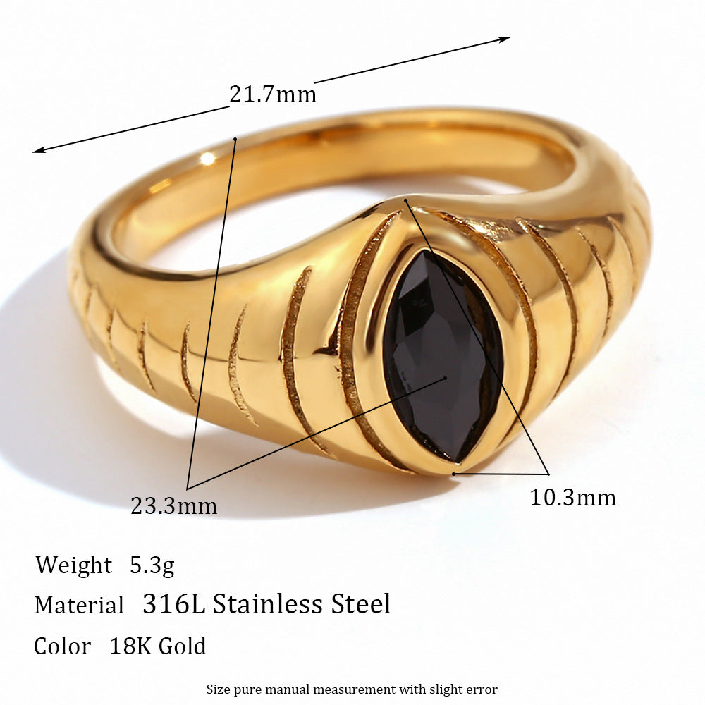 Anello da donna alla moda, vintage, geometrico, in acciaio al titanio placcato oro 18 carati con zircone nero a marquise