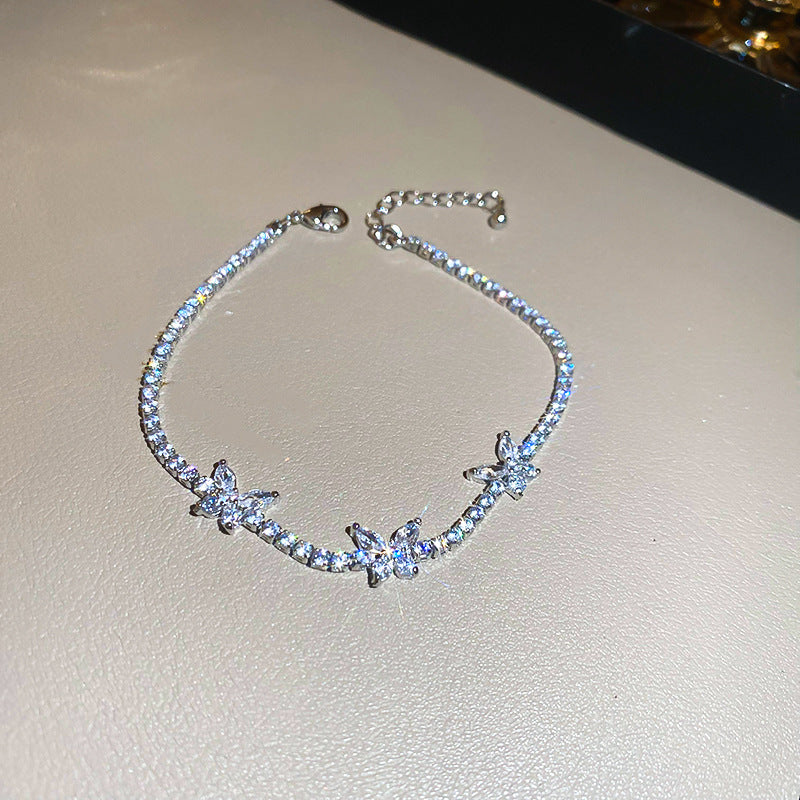Luxury Floral Bracelet with Zircon Inlay for Women, Elegant Fashion Hand Chain with Butterfly Motif