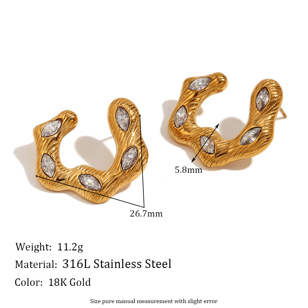 Elegantes pendientes ondulados de acero inoxidable con baño de oro de 18 quilates y circonitas marquesa para mujer