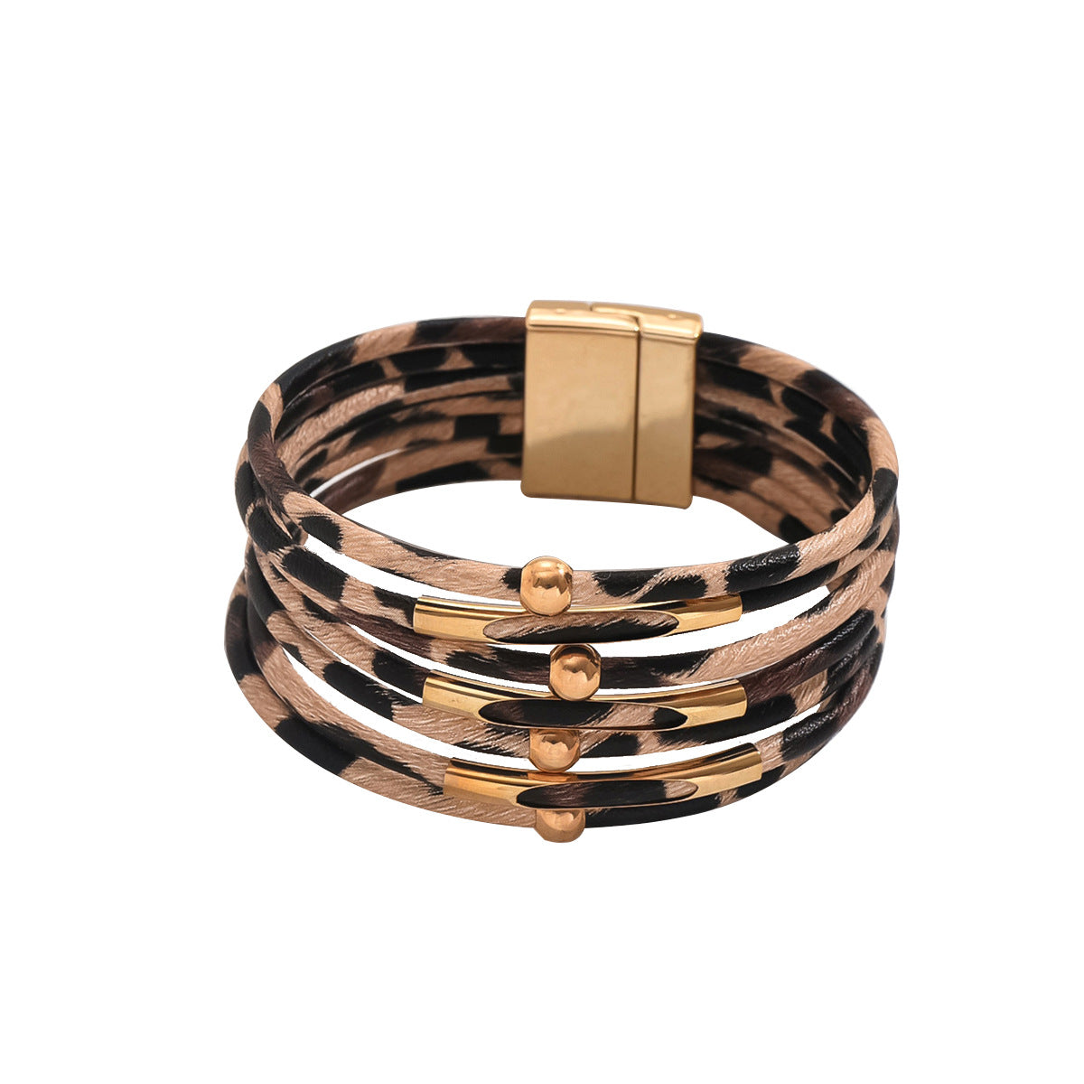 Bracciale in pelle geometrico minimalista di lusso da donna con accenti placcati oro e design leopardato multistrato