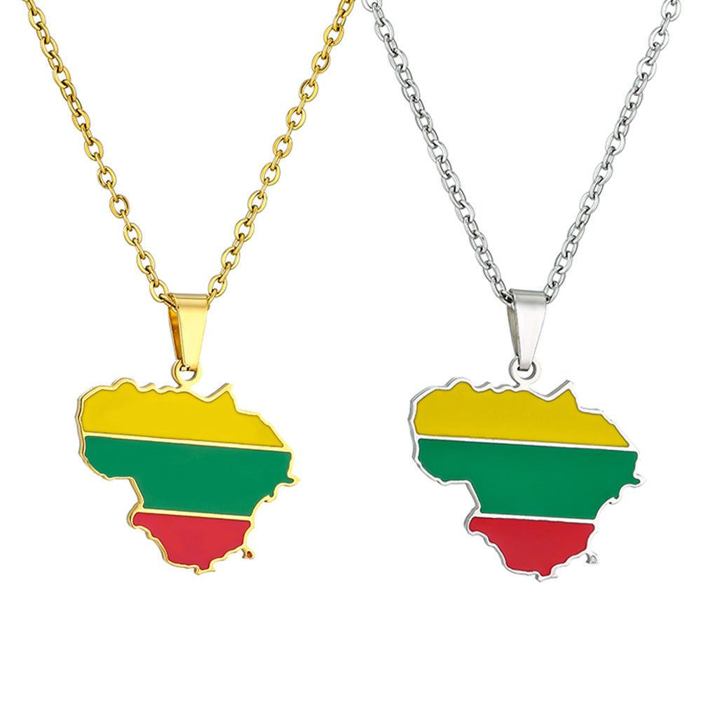 Collar con colgante de mapa geométrico retro de Lituania en acero inoxidable con acabado esmaltado en cadena tipo O para unisex