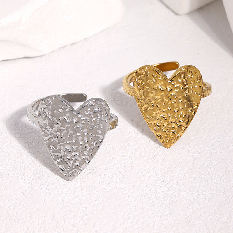 Sweet Hammered Heart Shaped Titanium Steel Ring Plated Finish