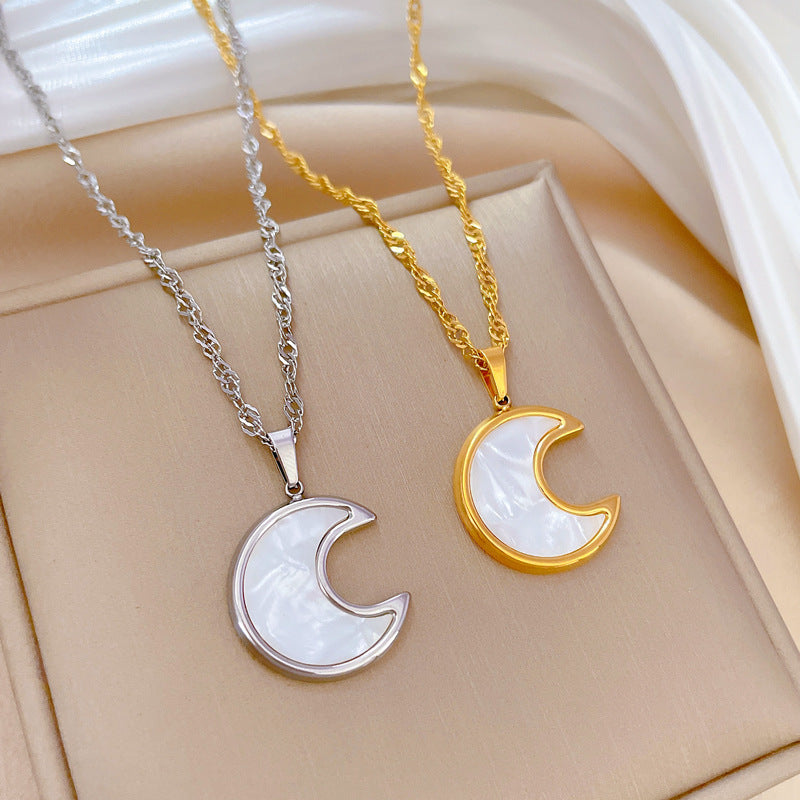 Minimalist Titanium Steel Geometric Moon and Shell Pendant Necklace for Women Gold-Plated Clavicle Chain