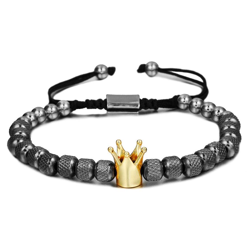 Vintage Geometric Crown Stainless Steel Brass Beaded Bracelet for Men and Women