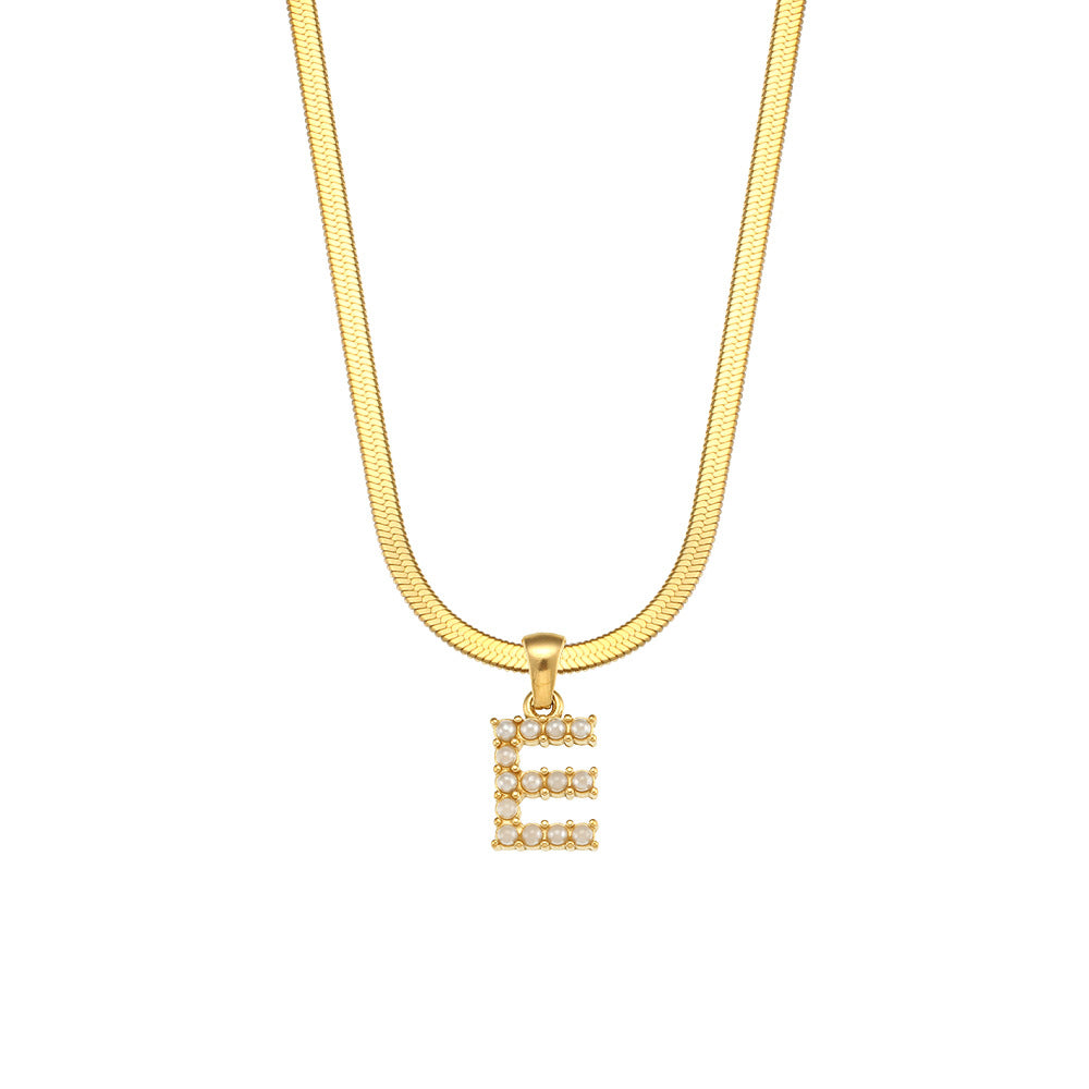 Fashionable Letter Pendant Necklace for Women Stainless Steel Plated 18K Gold Flat Snake Chain with Pearl Accent