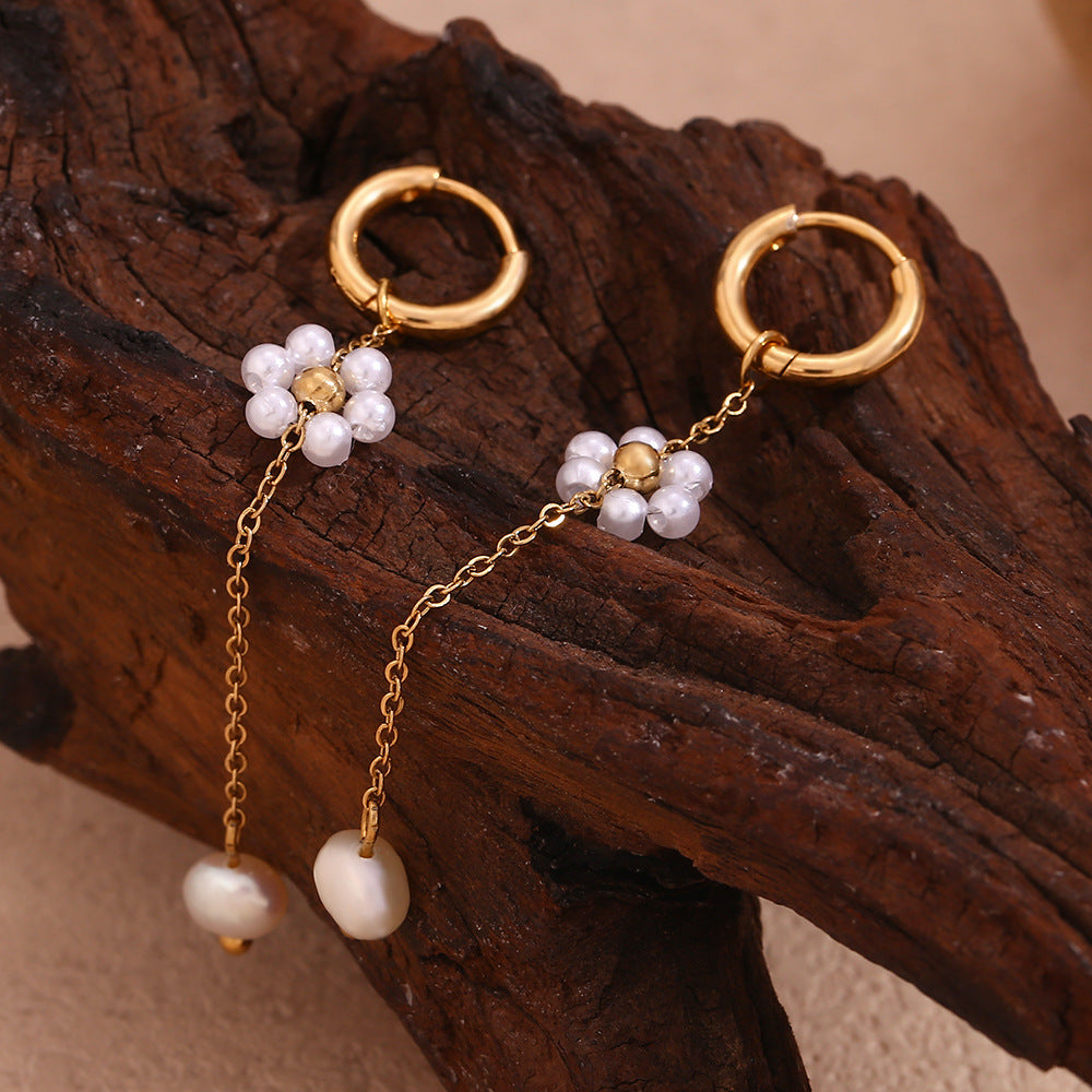 Minimalist Geometric Stainless Steel Ear Cuffs with 18K Gold Plating and Handcrafted Pearl Floral Chain Details for Women