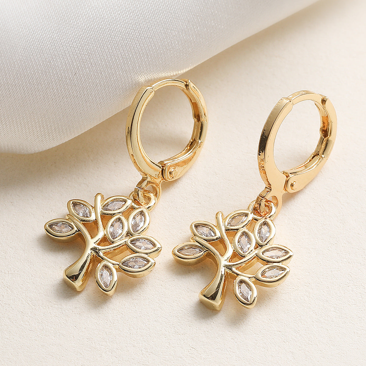 Minimalist Luxury Geometric Gold Plated Brass Cubic Zirconia Tree Earrings for Women