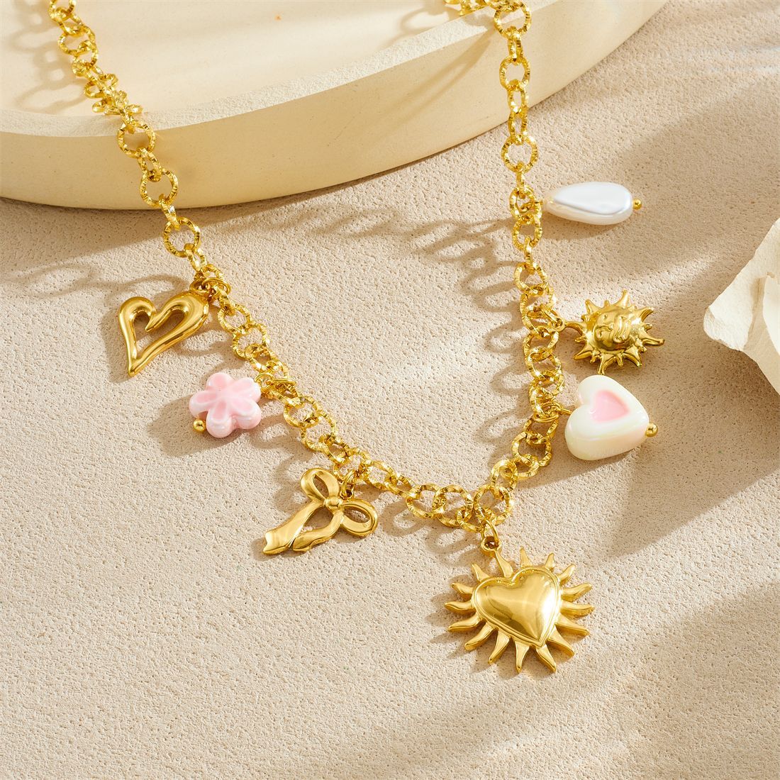 Chic Gold Plated Heart Butterfly Pearl Stainless Steel Pendant Cable Chain Necklace for Women