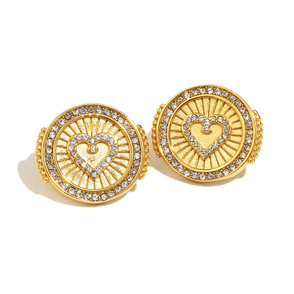 Fashionable Vintage Heart-Shaped Stainless Steel Plated 18K Gold Zircon Pendant Necklace Set for Women with Earrings and Bracelet