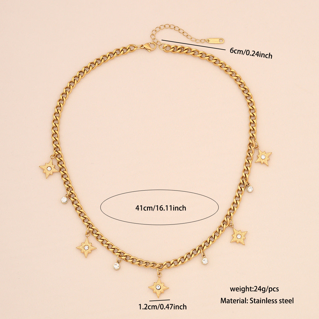 Collana alla moda da donna in acciaio inossidabile con ciondolo a stella a otto punte, motivo a cuore e lettera, finitura galvanizzata