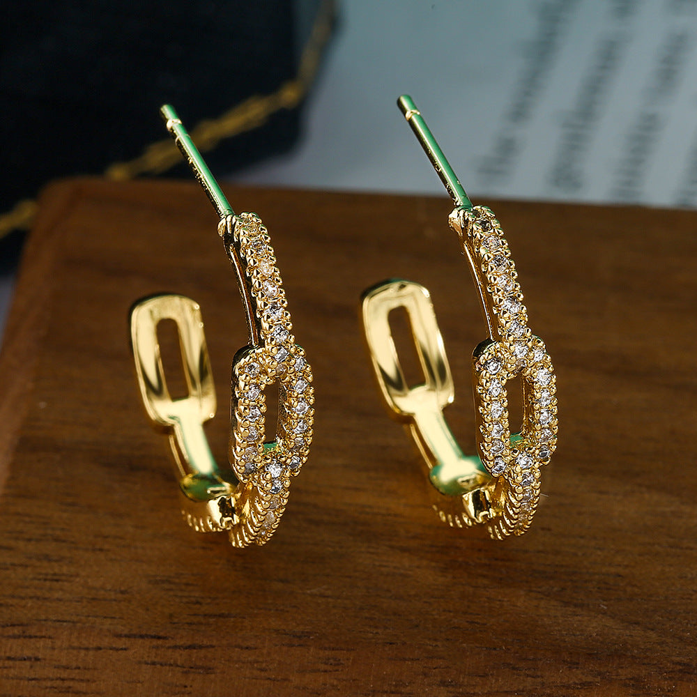 Orecchini da donna geometrici a forma di C con accenti di zirconi, gioielli per orecchie in rame minimalisti e alla moda