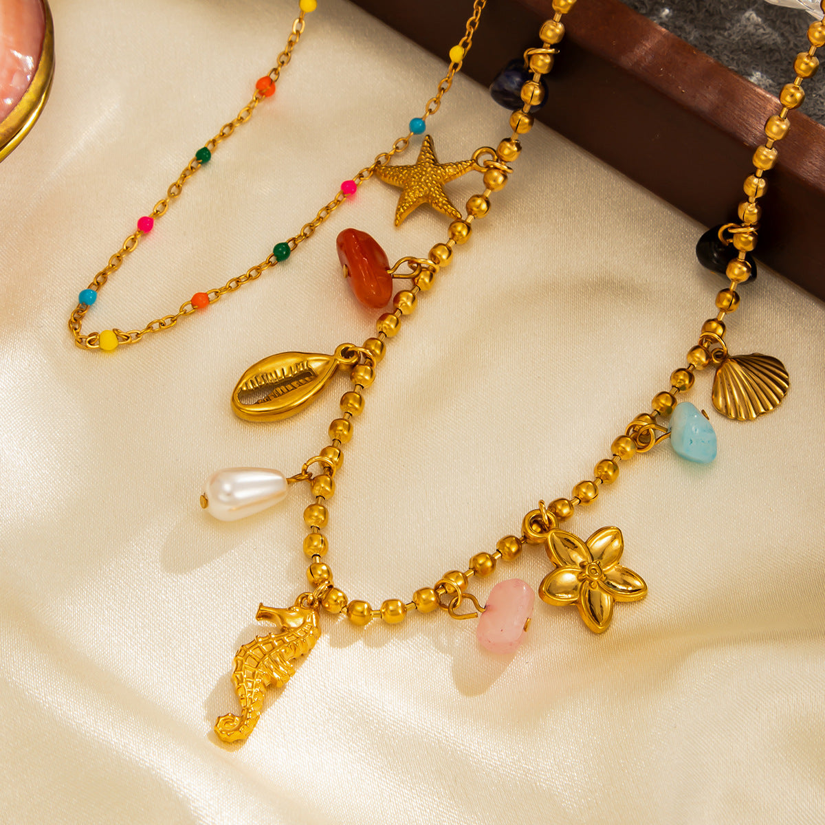 Sweet Stainless Steel Starfish and Floral Pendant Necklace Plated Cable Chain for Women
