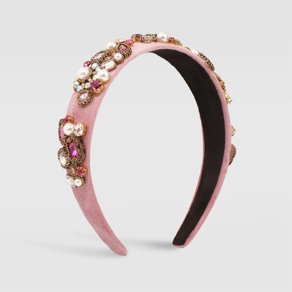 Cerchietto Barocco Geometrico da Donna con Struttura in Lega, Fascia in Velluto, Dettagli in Strass e Perle, Copricapo di Lusso Stile Palazzo