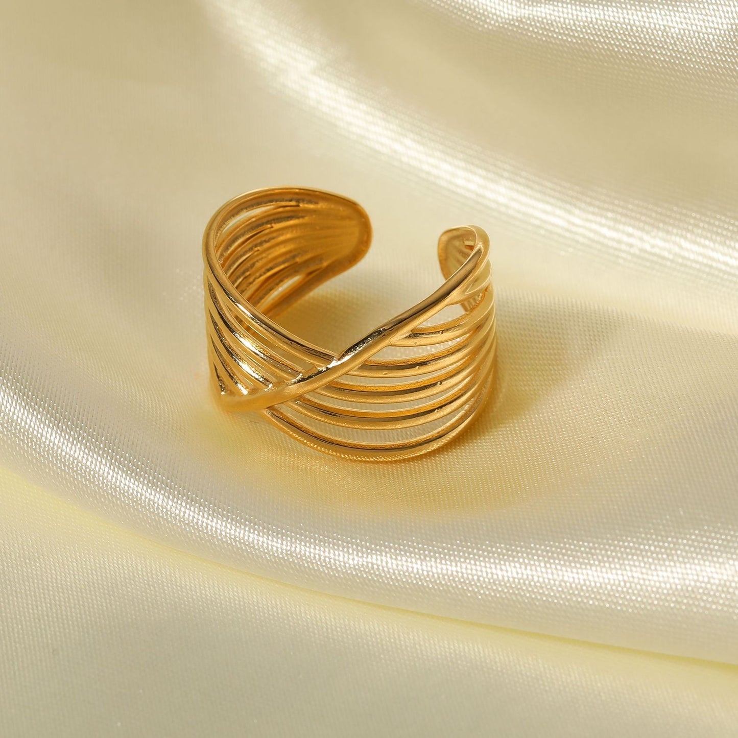 Adjustable Geometric Open Ring with Crossed Layer Design in Titanium Steel Plated with 18K Vacuum Electroplating for Women