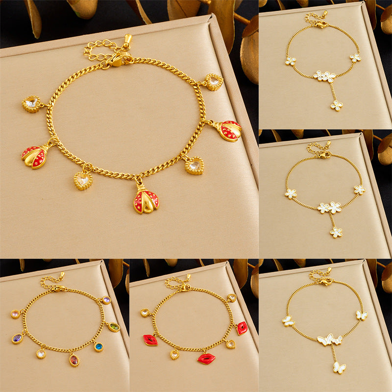 Minimalist Geometric Butterfly Lip Drip Oil Rhinestone Stainless Steel Bracelet with Fine Chain