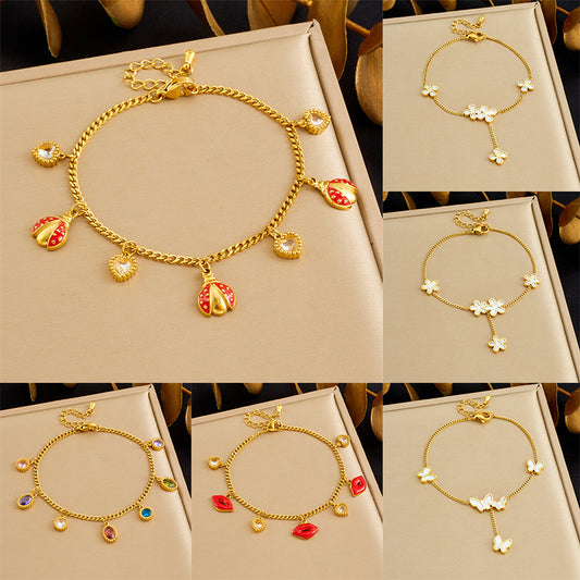 Minimalist Geometric Butterfly Lip Drip Oil Rhinestone Stainless Steel Bracelet with Fine Chain